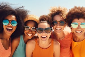 Greeting and lifestyle of diverse friends enjoying summer vacation at the beach
